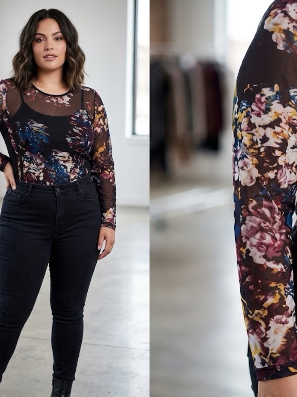 Who What Wear Black Sheer Floral Long-Sleeve Bodysuit
